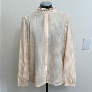 LOFT 100% Cotton Checked Ruffle Neck Long Sleeve Blouse